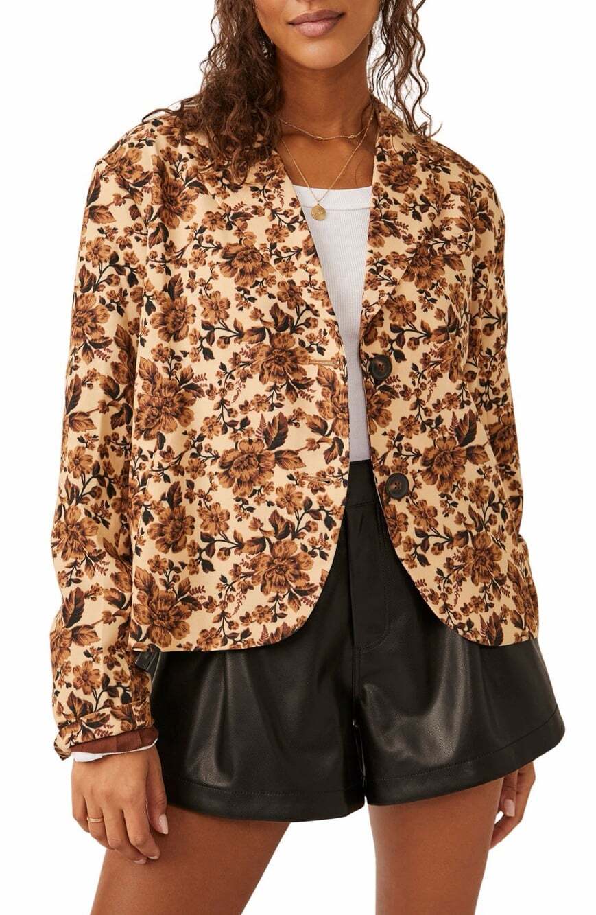 Free People Cali Floral Print Boxy Single Breasted Blazer Size S Boho Office Tan